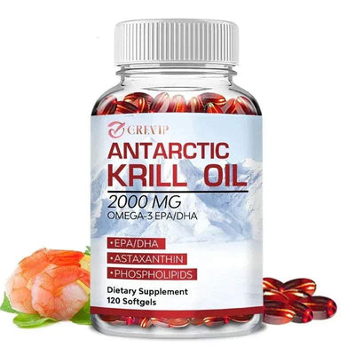 GREVIP Antarctic Krill Oil 2000mg with EPA/DHA, astaxanthin, and phospholipids, 120 softgels dietary supplement for brain, heart, joints, eye, and skin health.