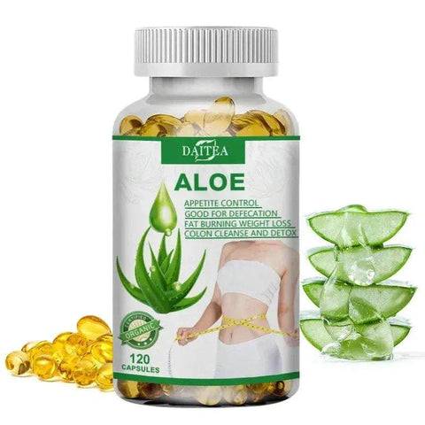 Daitea Aloe Vera Extract Capsules bottle with 120 capsules for detox, weight loss, and immune support alongside fresh aloe vera leaves