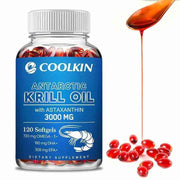 Coolkin Antarctic Krill Oil 3000mg softgel capsules with astaxanthin for heart health support and omega-3 EPA DHA blend.