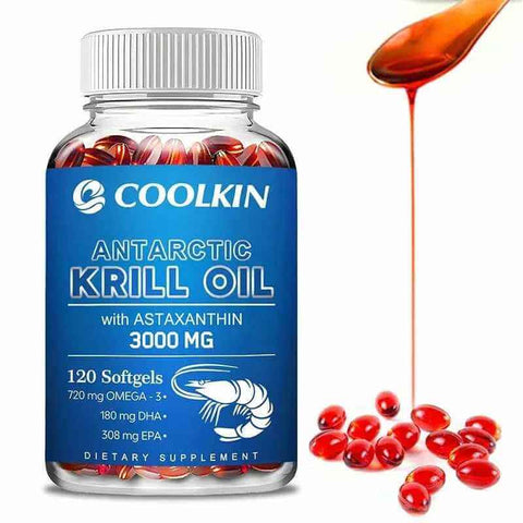 Coolkin Antarctic Krill Oil 3000mg softgel capsules with astaxanthin for heart health support and omega-3 EPA DHA blend.