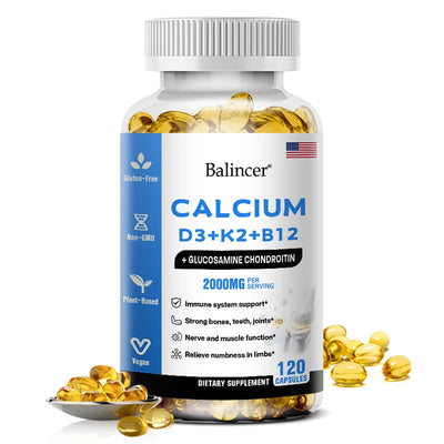 Calcium Supplement with Vitamins D3+K2+B12 Supports Nerve and Muscle Function, Heart Health and Immunity Amazondiabacai