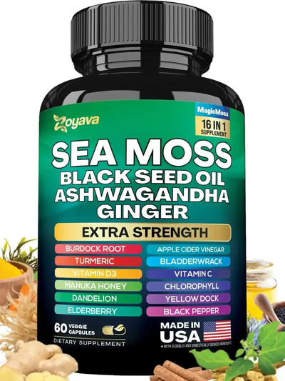 Bottle of extra strength sea moss supplement with black seed oil and ashwagandha, featuring 16-in-1 formula.