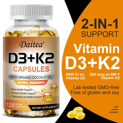 Vegan 2-in-1 Vitamin D3 5000 IU+K2 200mcg MK-7 Capsules Organic Coconut Oil Natural Ingredient Calcium Regulation Immunity Amazondiabacai