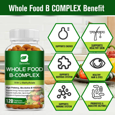 BEWORTHS Vitamin B Complex Capsules B1,B2,B3,B5,B6,B7,B12 Whole Food Supplement for Stress, Energy and Immune Support Non-GMO Amazondiabacai