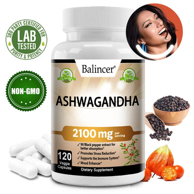 Alt Tag: Organic Ashwagandha 2,100 Mg - Stress Relief, Mood Improvement, Immune and Thyroid Support, 120 capsules, Balincer