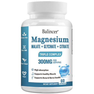 Triple Magnesium Complex 300 Mg, Support Muscle, Nerves, Energy and Heart Health, Non-GMO 60 Capsules Amazondiabacai