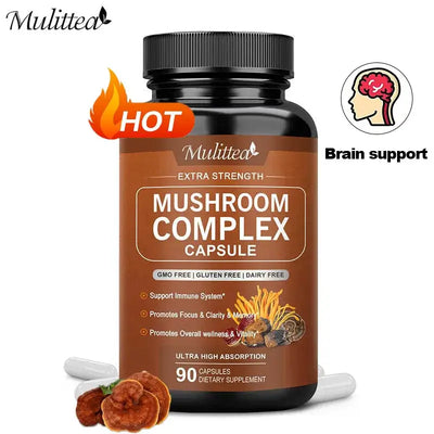 Mulittea 10x Mushroom Complex capsules with Lions Mane, Chaga Nootropic Brain Supplement for Memory and Focus Relief Stress.