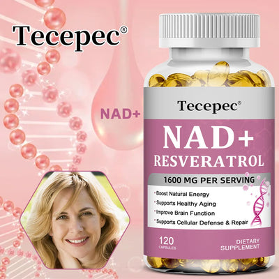 NAD+ Resveratrol - Anti-aging, Boosts Natural Energy, Promotes Cellular and Skin Health, Improves Brain Function - 120 Capsules Amazondiabacai