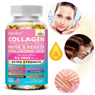 Kenofor Collagen 1000mg with Biotin 10,000mcg, Keratin Hyaluronic Acid Vitamin C Healthy Formula Dietary Supplement Gluten Free Amazondiabacai