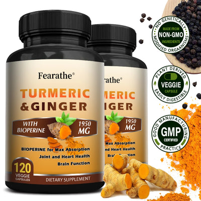 Turmeric Ginger Capsules with BioPerine 1950 Mg - Black Pepper for Better Absorption, Natural Joint, Heart and Brain Support Amazondiabacai