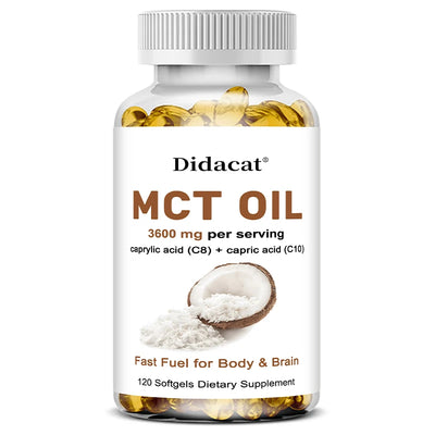 Bottle of MCT Oil 3600 mg C8 C10 Capsules Ketogenic Fuel Focus, Promote Brain and Body Health, Non-GMO Coconut, 120 softgels.