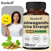 Bcuelov Ashwagandha 3000mg Capsules bottle with woman holding winking emoji sign, stress and mood support supplement, 120 vegetarian capsules, herbal roots shown
