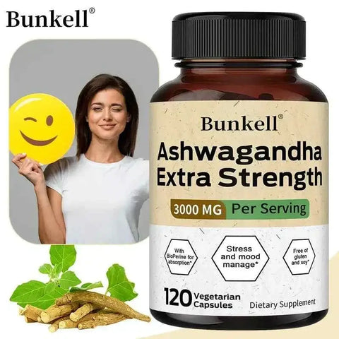 Bcuelov Ashwagandha 3000mg Capsules bottle with woman holding winking emoji sign, stress and mood support supplement, 120 vegetarian capsules, herbal roots shown