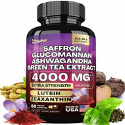 Bottle of dietary supplement with 4000mg saffron, glucomannan, ashwagandha, and green tea extract for stress support and mood balance