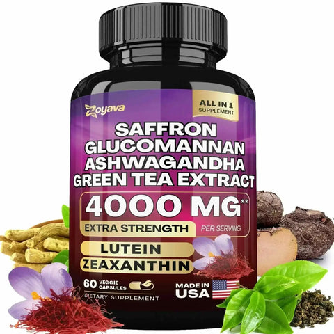Bottle of dietary supplement with 4000mg saffron, glucomannan, ashwagandha, and green tea extract for stress support and mood balance