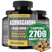 Bcuelov Ashwagandha 2700mg with Black Pepper Extract supplement bottle for energy, mood, and anxiety support