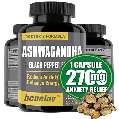 Bcuelov Ashwagandha 2700mg with Black Pepper Extract supplement bottle for energy, mood, and anxiety support