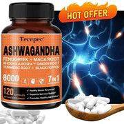 Bottle of Tecepec Ashwagandha Extract supplement with 120 capsules, promoting mood balance, energy, and stress relief.