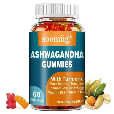 Bottle of SOOMIIG Ashwagandha Gummies with turmeric and vitamins B12 and D3 for mood and stress support, 60 gummies