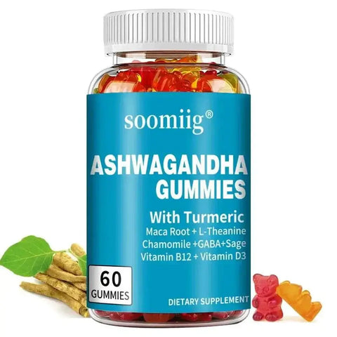 Soomiig Ashwagandha Gummies with turmeric, maca root, L-Theanine, chamomile, GABA, sage, vitamins B12 and D3 for stress relief and calm, 60 gummies bottle