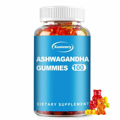 Bottle of 100 Xemenry Ashwagandha Gummies dietary supplement for stress relief and sleep support