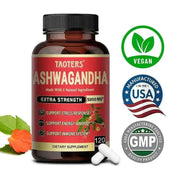 Bunkell Ashwagandha High-Concentration mood support supplement bottle with 120 vegan capsules, labeled extra strength 5200 mg, supporting stress, energy, mood, and immune system, made in USA with GMP certification.