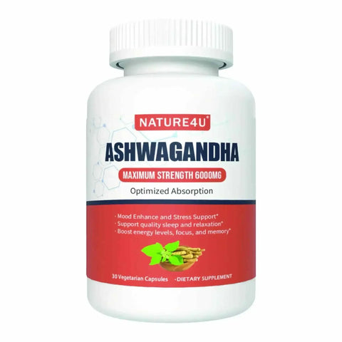 Nature4U Ashwagandha Mood Support 6000mg vegan capsules for stress relief and mood balance