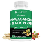 Bunkell Premium Ashwagandha with Black Pepper capsules for stress relief and focus, 1600 mg, 120 vegetable capsules bottle