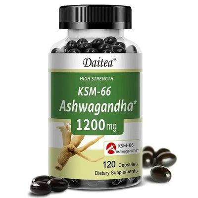 Daitea Ashwagandha 1200 mg KSM-66 dietary supplement with 120 capsules for stress relief and focus