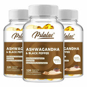 Pslalae Ashwagandha 1600mg dietary supplement bottles with black pepper for stress relief and vitality, 120 vegetable capsules each