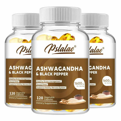 Pslalae Ashwagandha 1600mg dietary supplement bottles with black pepper for stress relief and vitality, 120 vegetable capsules each
