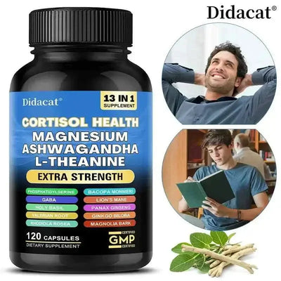 Didacat Ashwagandha stress support supplement with magnesium and L-theanine for cortisol health, 120 capsules bottle