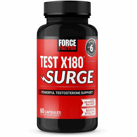 Bottle of Force Factor Test X180 Surge testosterone support supplement with 60 capsules and vitality boost label